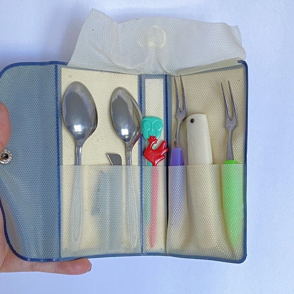 c1960 Kimora Camera Retro Roll-Up Mini Cocktail Cutlery Set Forks Spoons Knife